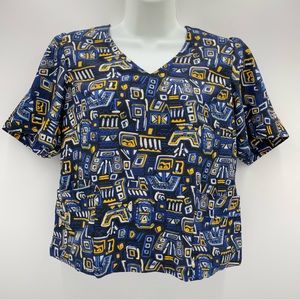 Handmade Top Blouse Blue Scribble Print Short Sleeve V-Neck Yellow White Pocket‎